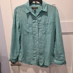 Tommy Bahama Womens 100% Linen Button Front Shirt Top Small Green Coastal Beach